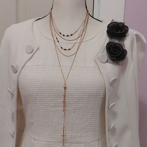 Jewelry - Trendy Chic Multilayered Double Cross Pendant Bolo Statement Necklace Gold Tone